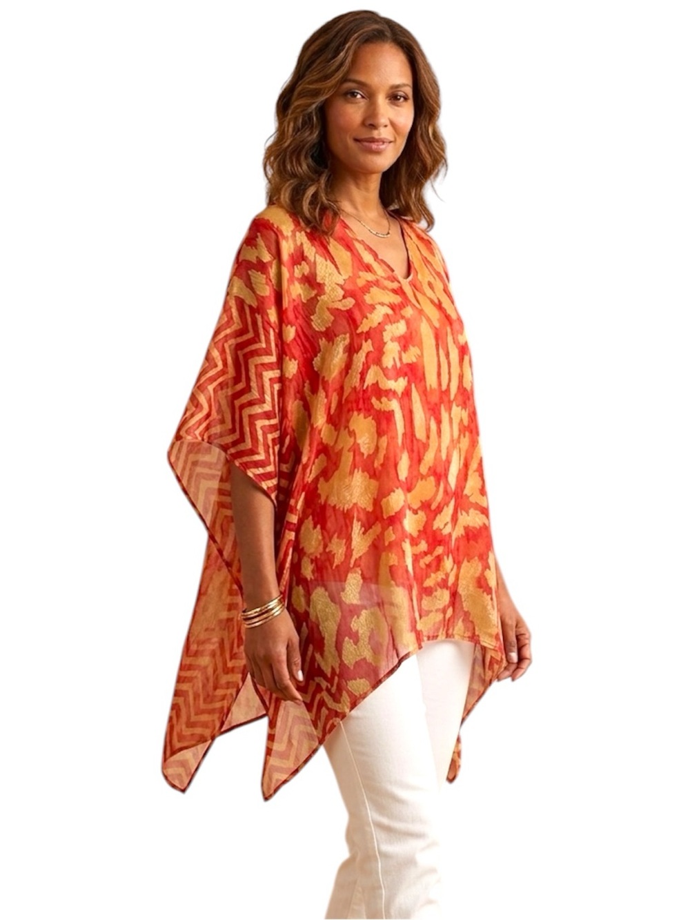 Chico’s Sheer Animal Print Pullover Poncho Tunic With Chevron Border Size S/M